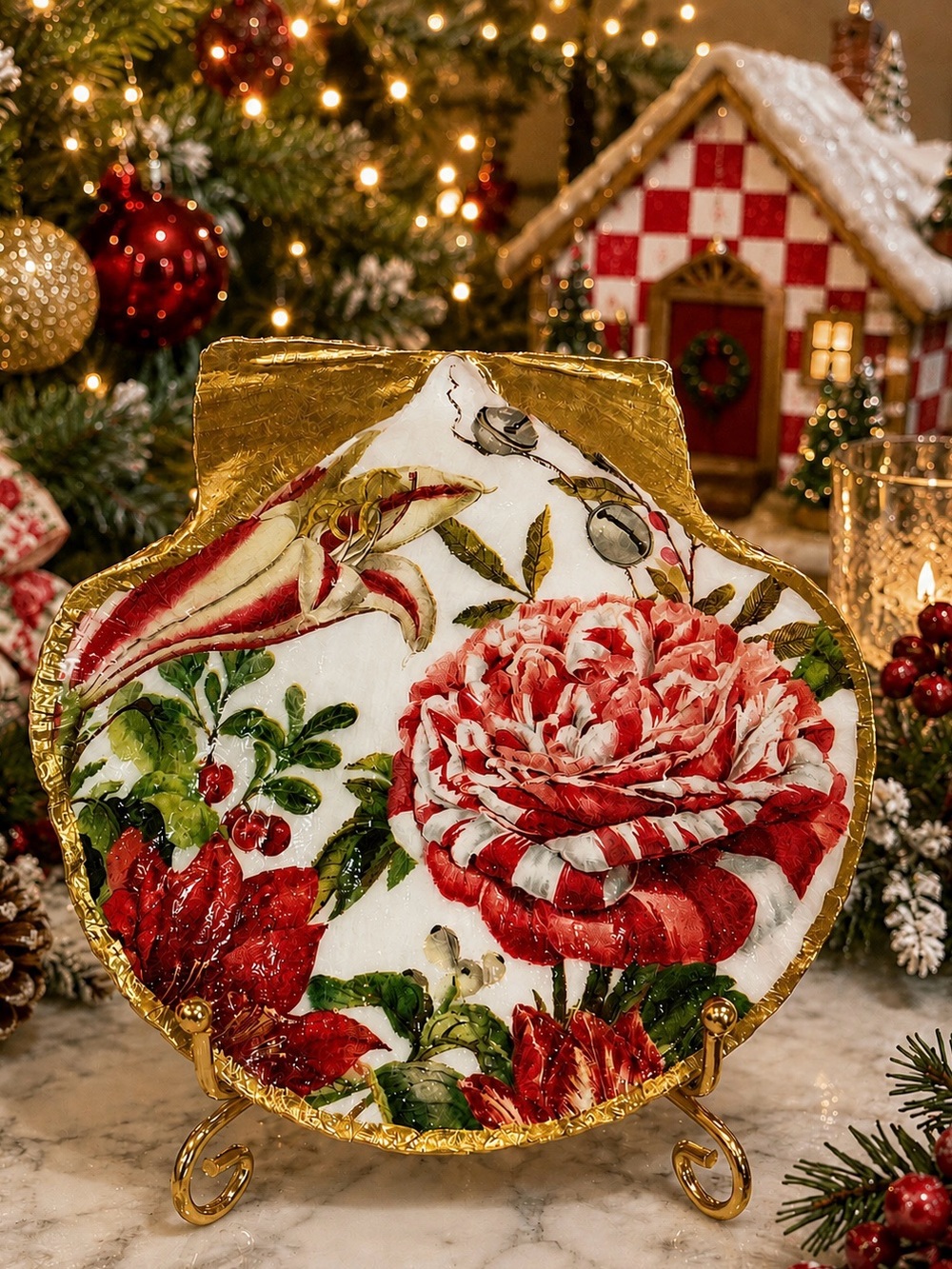 Hand Crafted Christmas Flower Trinket Shell Dish 4.5”